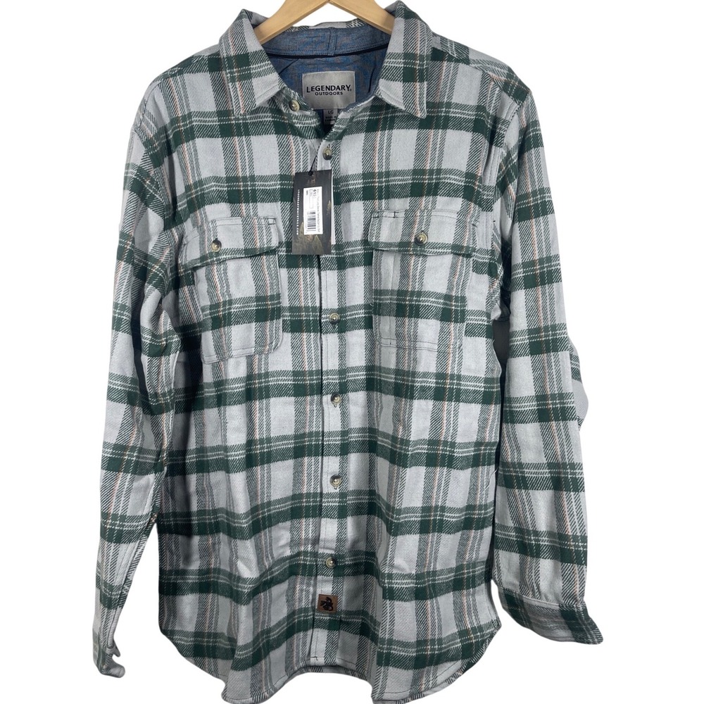 Legendary Whitetails Mens Brawny Plaid Flannel Button Up Shirt Green Grey LG NEW